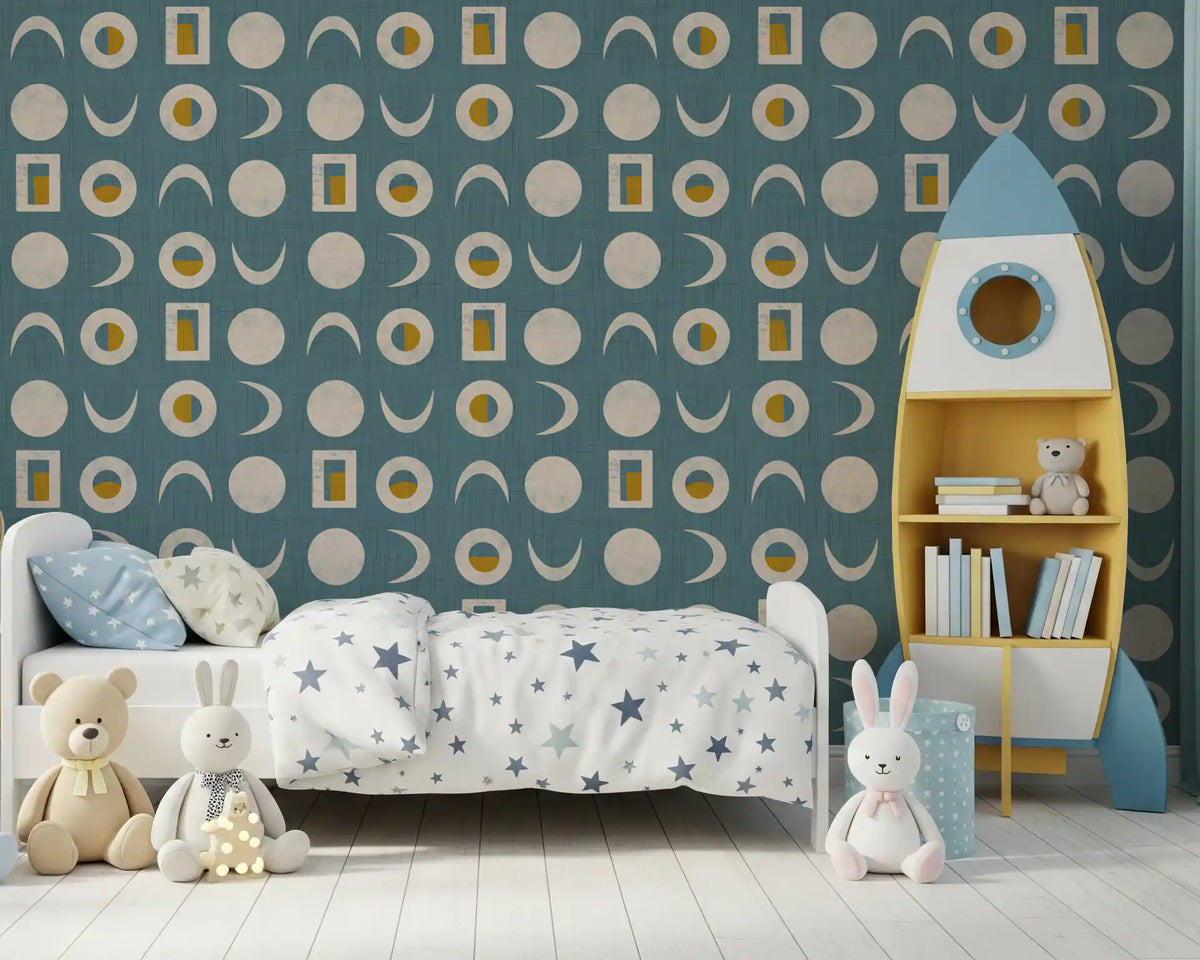 Staubiges tealblaues Mondphasen-Tapetenmuster im Mid-Century-Stil