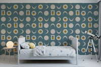 Dusty Teal Moon Phase Wallpaper Mid Century Wallpaper⁠