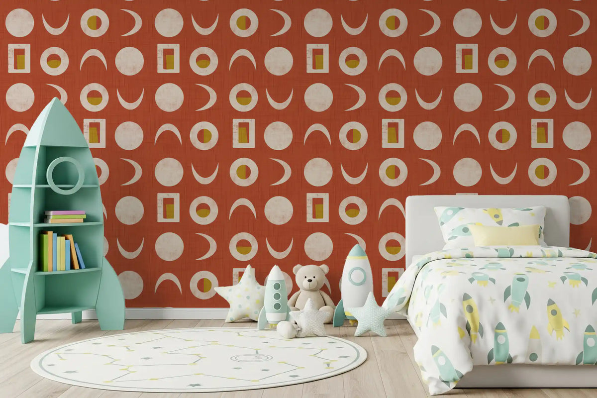 Tapeta z fazami księżyca w rdzawoczerwonym kolorze w stylu mid-century⁠