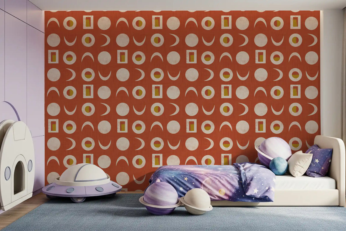 Tapeta z fazami księżyca w rdzawoczerwonym kolorze w stylu mid-century⁠