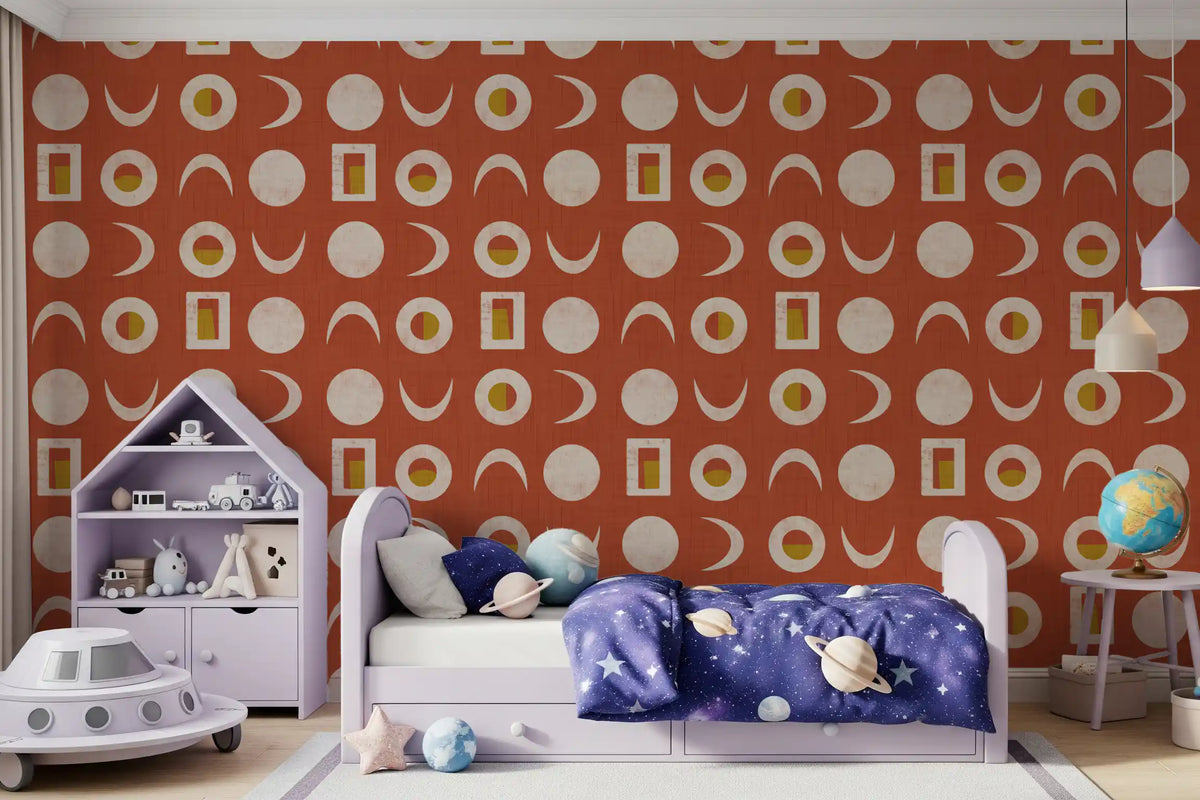 Tapeta z fazami księżyca w rdzawoczerwonym kolorze w stylu mid-century⁠