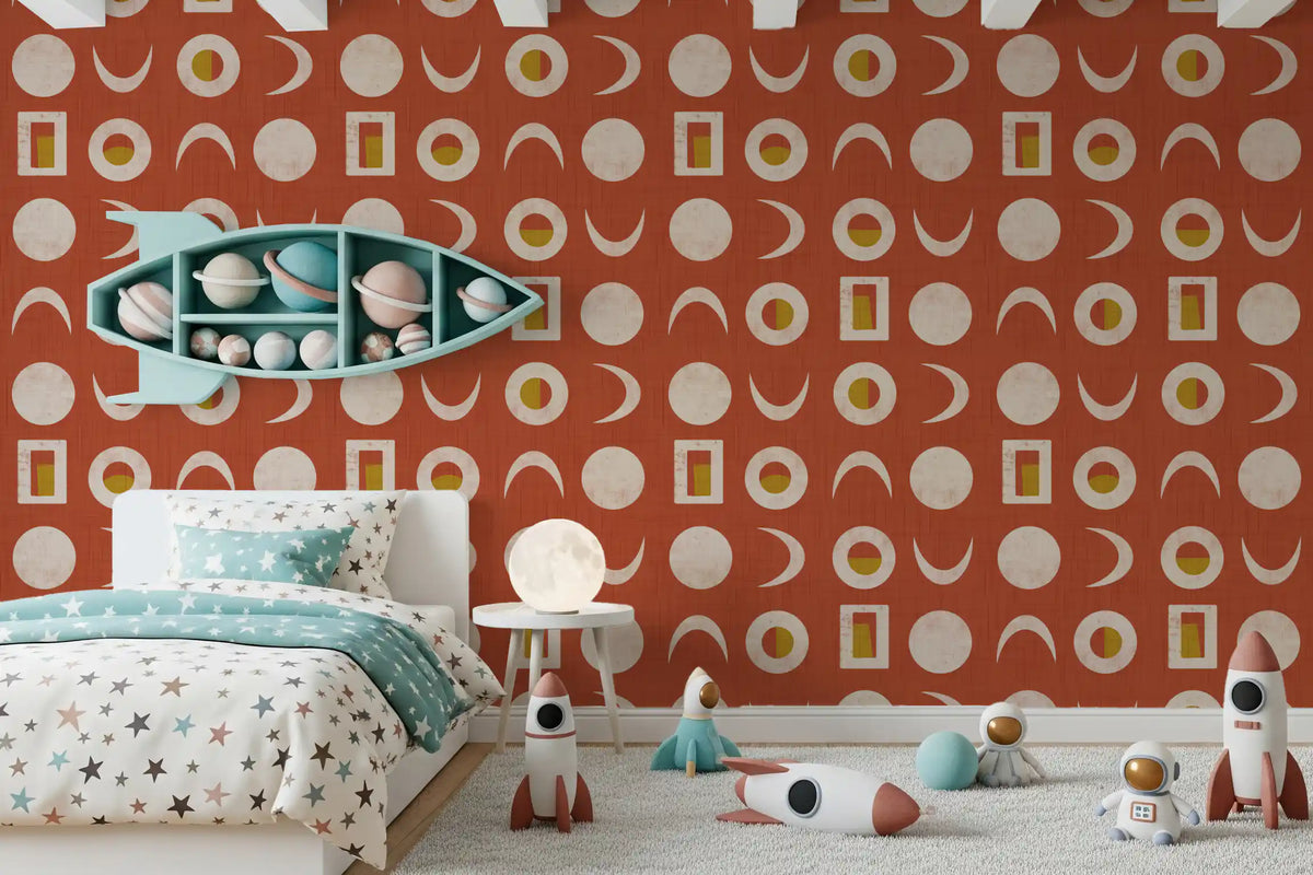 Tapeta z fazami księżyca w rdzawoczerwonym kolorze w stylu mid-century⁠