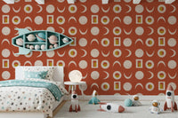Tapeta z fazami księżyca w rdzawoczerwonym kolorze w stylu mid-century⁠