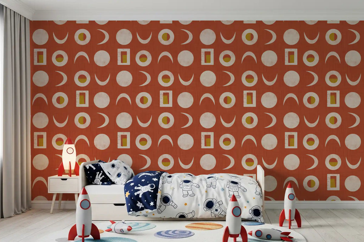 Tapeta z fazami księżyca w rdzawoczerwonym kolorze w stylu mid-century⁠