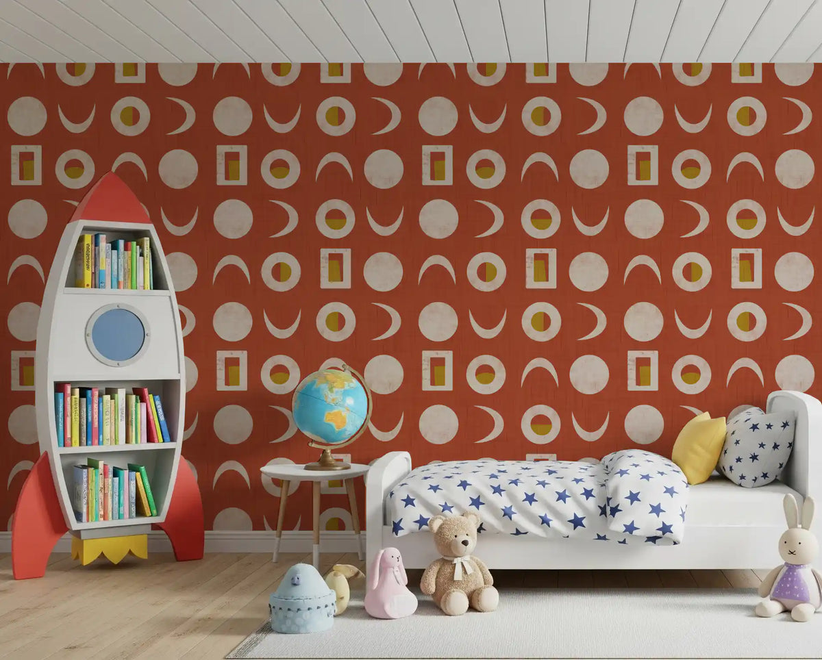 Tapeta z fazami księżyca w rdzawoczerwonym kolorze w stylu mid-century⁠