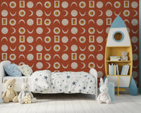 Tapeta z fazami księżyca w rdzawoczerwonym kolorze w stylu mid-century⁠