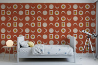 Tapeta z fazami księżyca w rdzawoczerwonym kolorze w stylu mid-century⁠