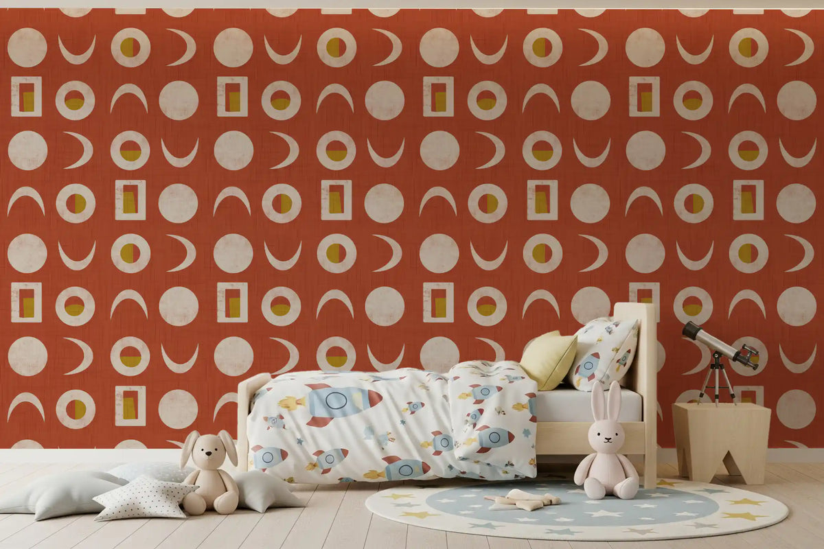 Tapeta z fazami księżyca w rdzawoczerwonym kolorze w stylu mid-century⁠
