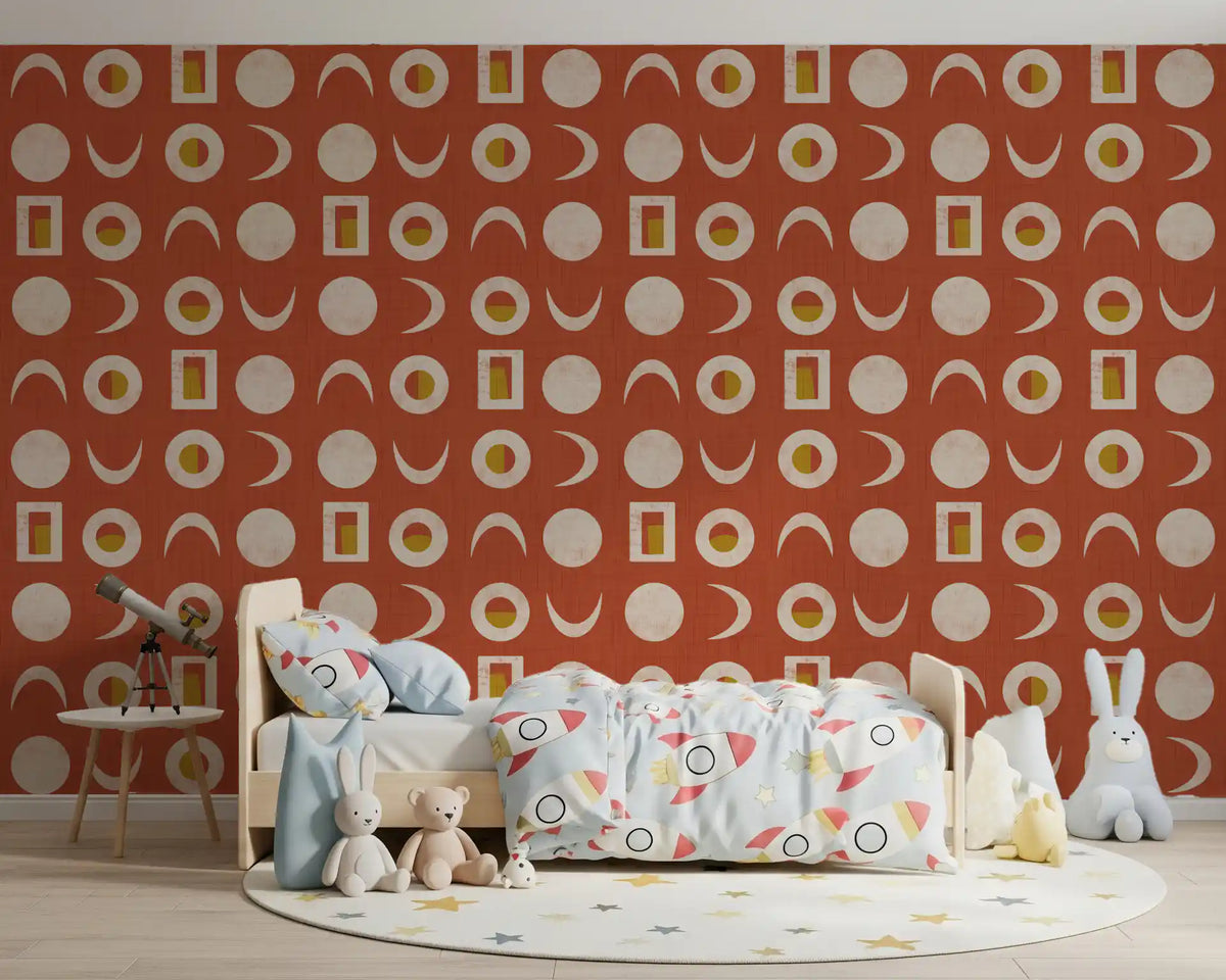 Tapeta z fazami księżyca w rdzawoczerwonym kolorze w stylu mid-century⁠