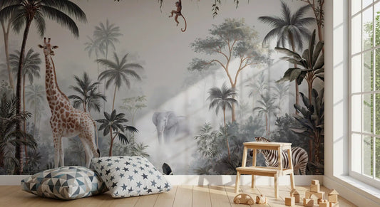 Wandbild „Nebeliger tropischer Safari mit Wildtieren“