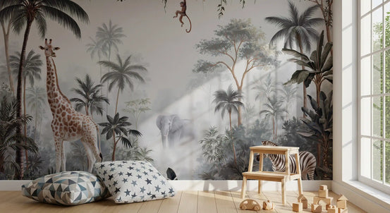 Wandbild „Nebeliger tropischer Safari mit Wildtieren“