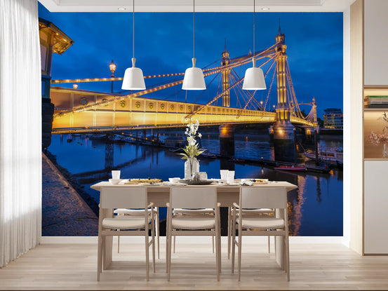 Vægmaleri med Riverside Twilight-arkitektur