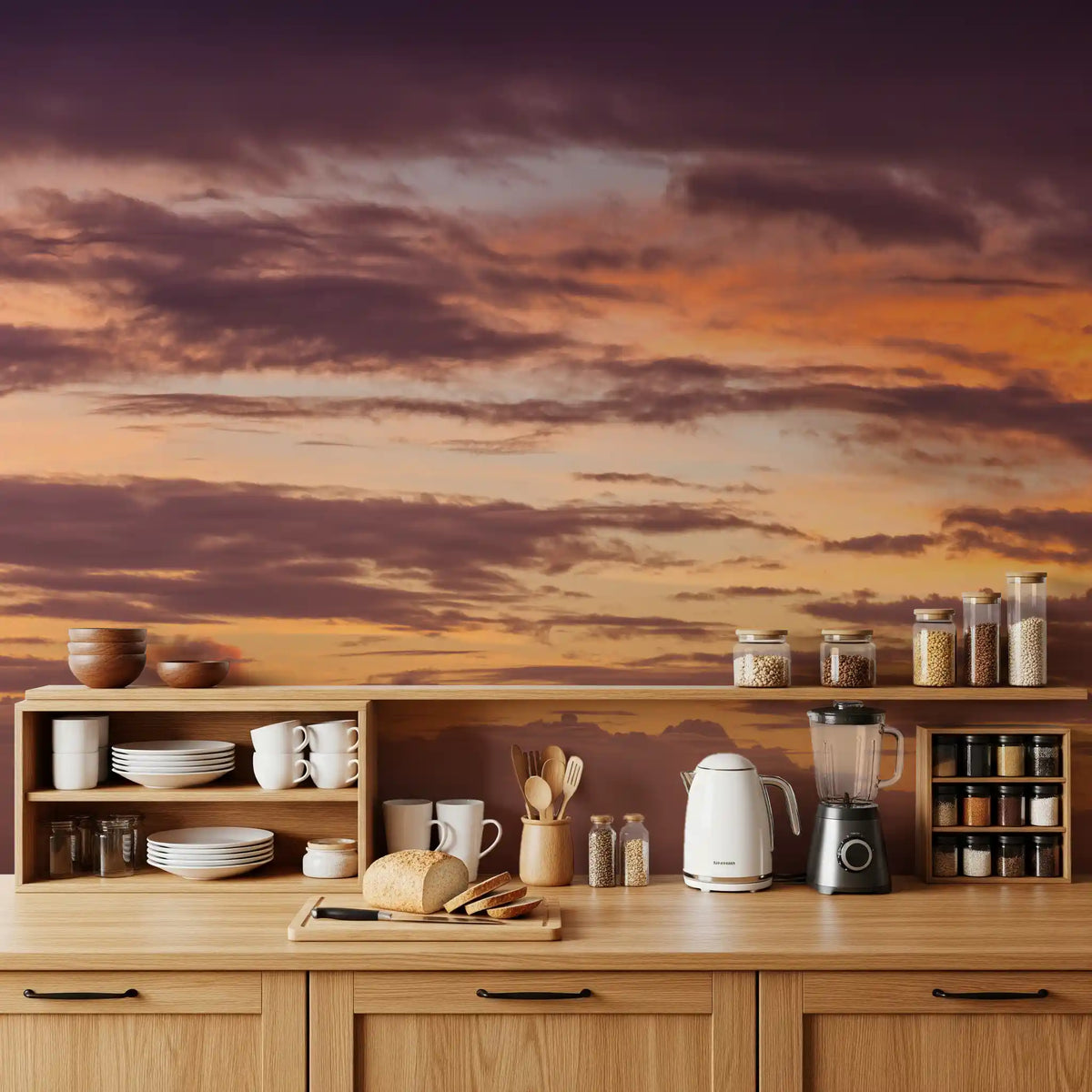 Wandbild mit feurigem Sonnenuntergang am Horizont