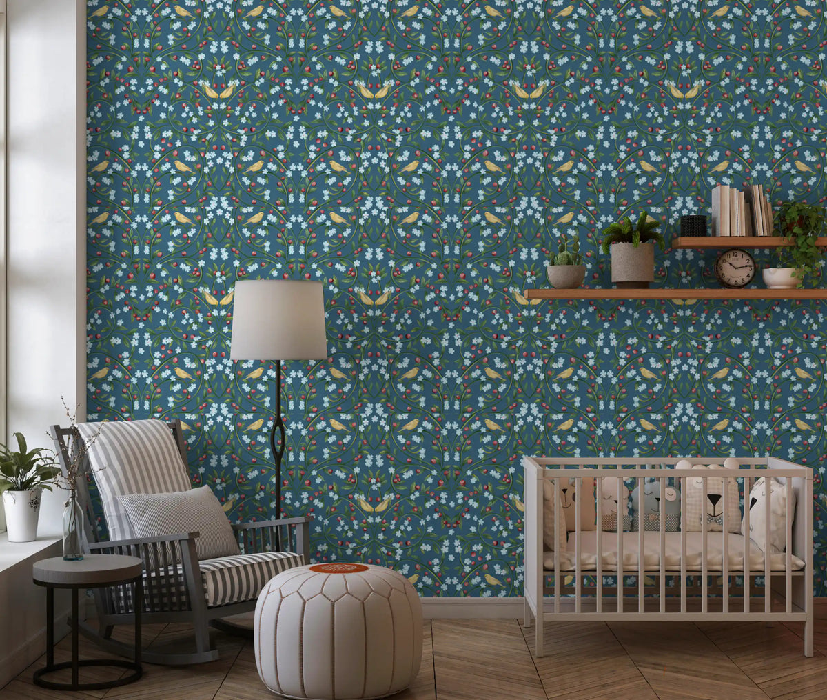 Carta da parati William Morris con fiori di ciliegio blu