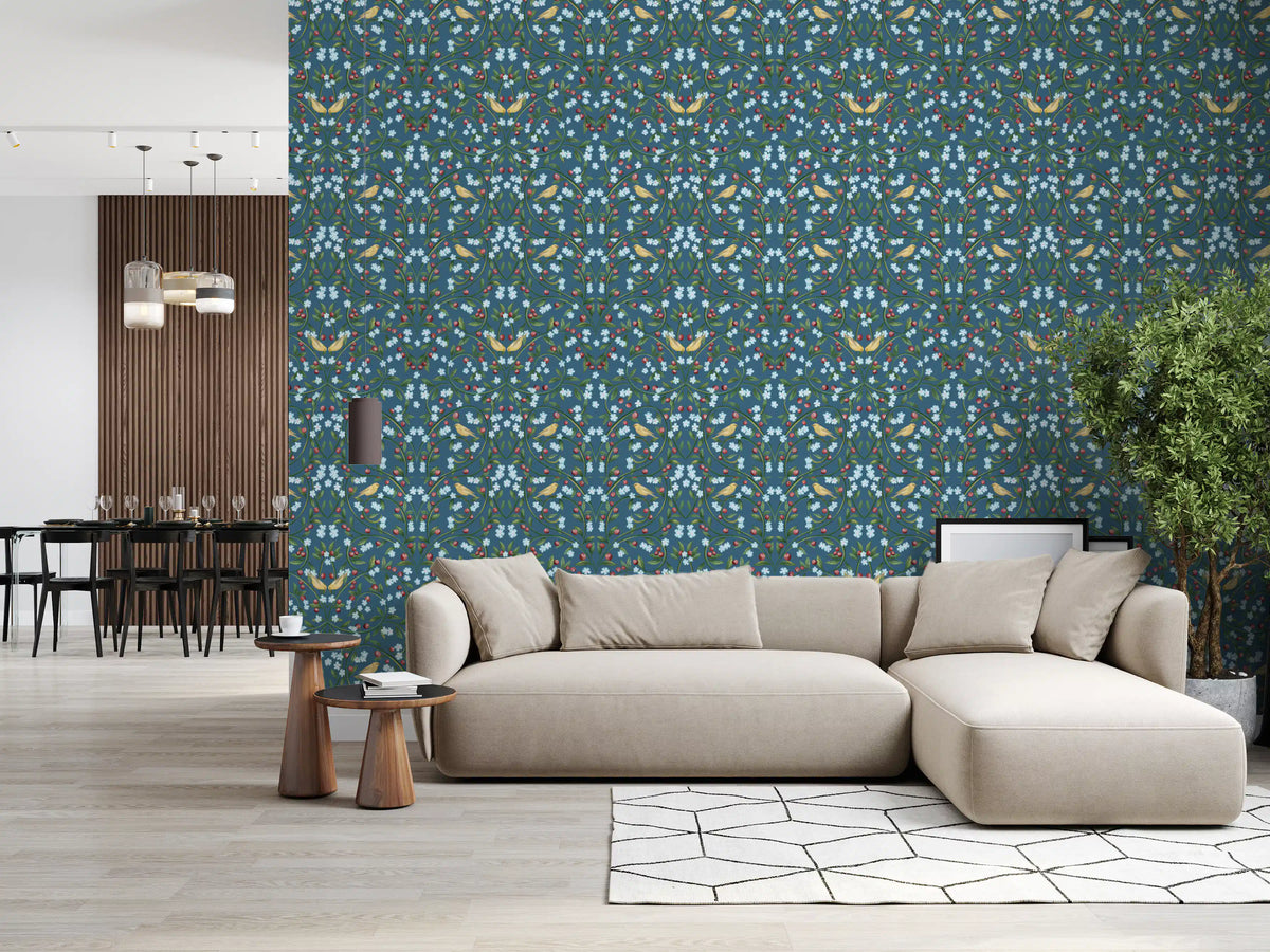 Carta da parati William Morris con fiori di ciliegio blu