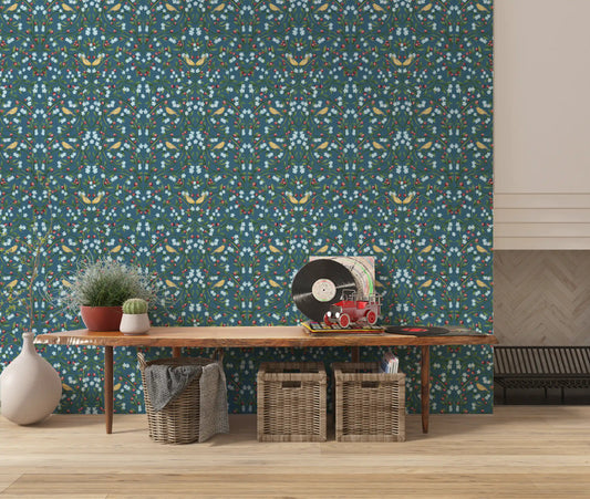 Tapet med blå kirsebærblomster af William Morris