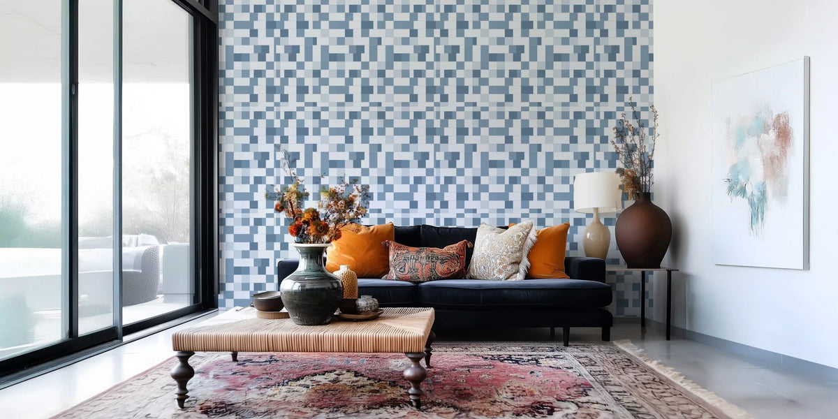 Papier peint à motif de grille de mosaïque bleue minimaliste⁠