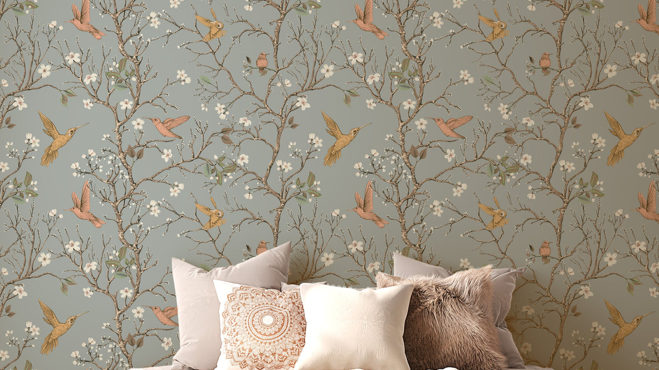 Retro wallpaper with birds and blossoms