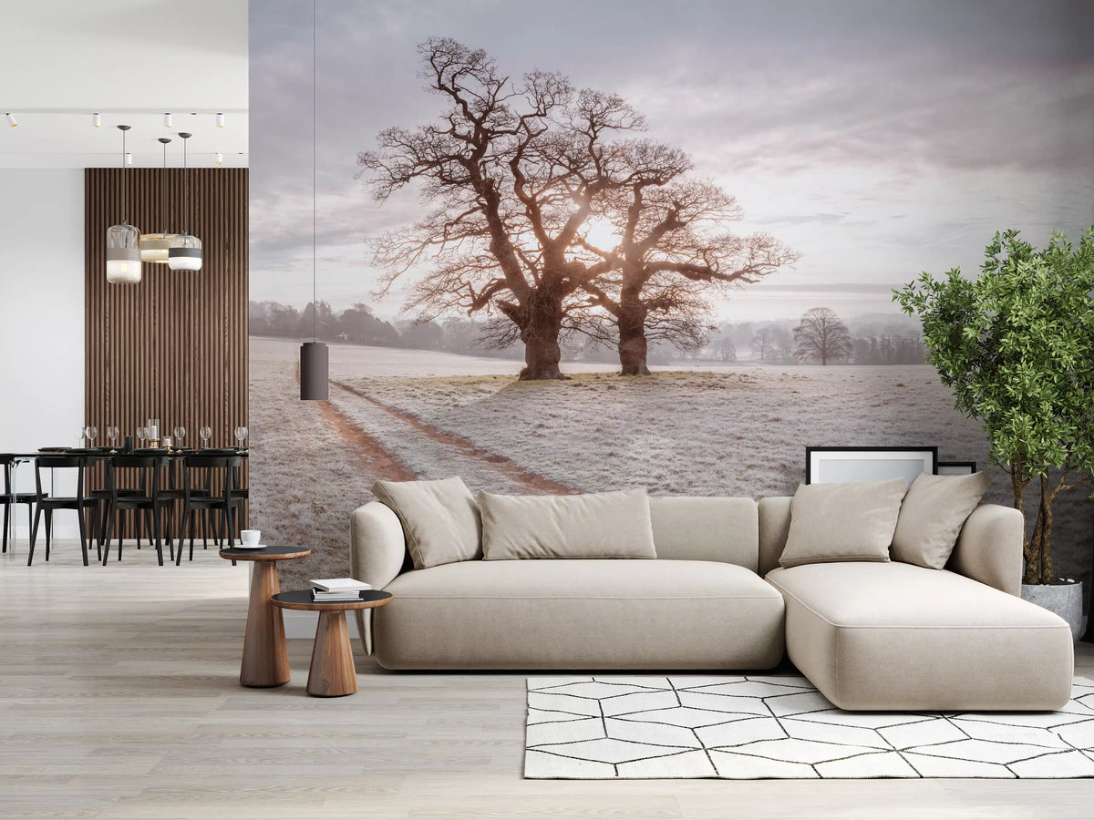 Wandbild „Nebeliger Morgen auf der Wiese“