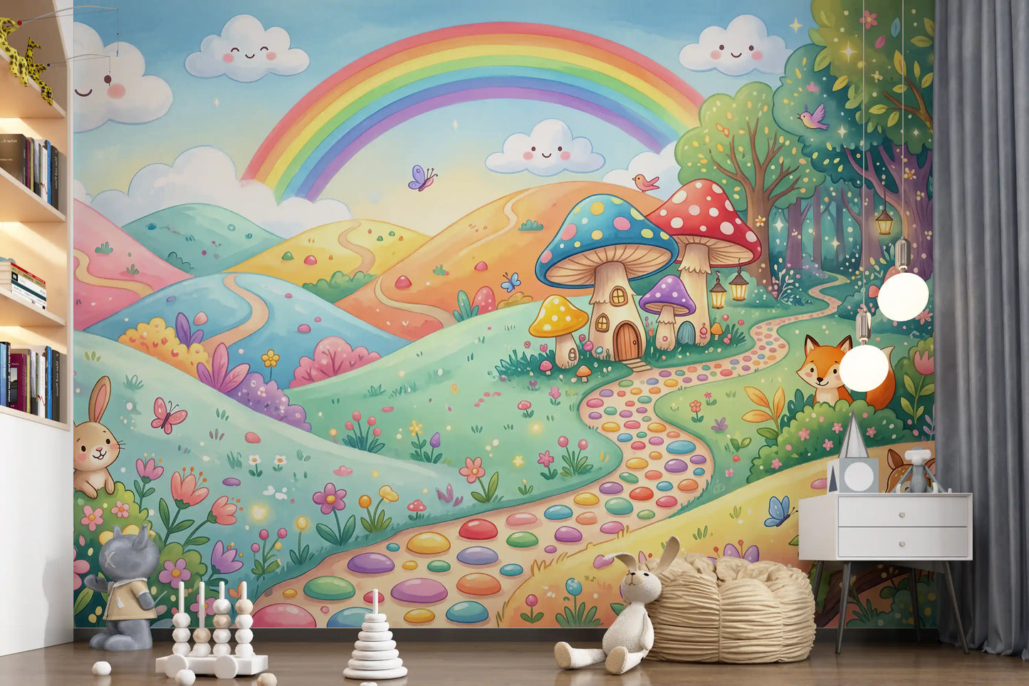 Papier peint panoramique mural « Prairie enchantée, royaume des animaux »