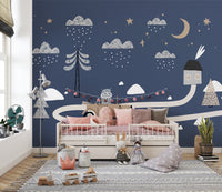 Retro car driving in snowy mural design
