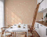 Papier peint panoramique mural botanique aux traits délicats, pêche et serein
