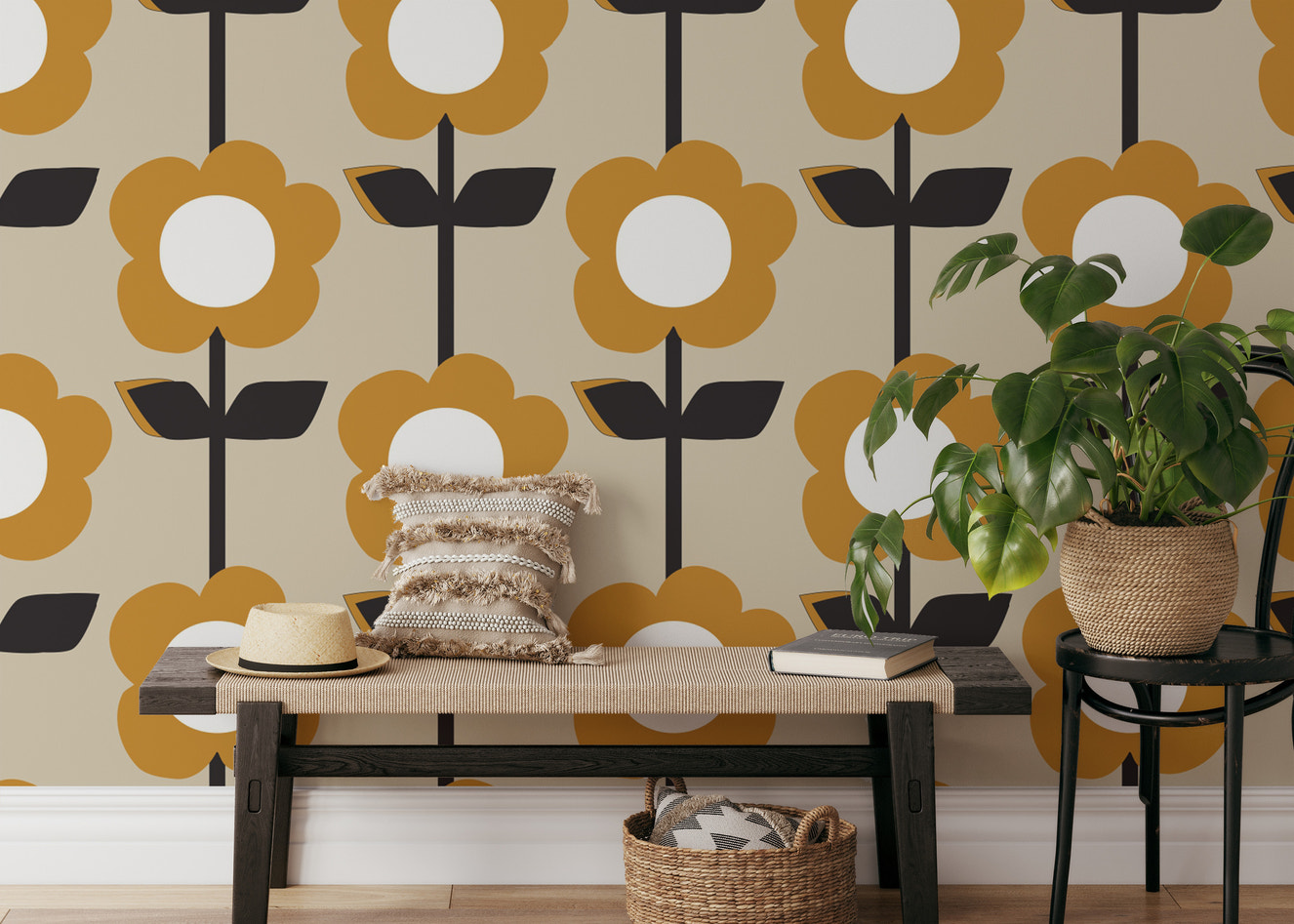 Brighten interiors with Floral Pearl Yellow Color Retro Wallpaper