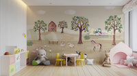 Rustic wall mural of a barnyard for a cozy countryside feel.