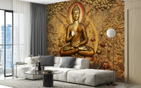 Stunning Buddha mural with golden hues

