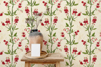 Sweet peas design wallpaper with vibrant magenta leaf details.
