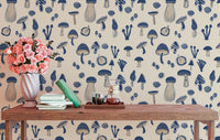 Elegant Watercolor Mushrooms Navy Blue Wallpaper