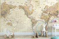 Brown-toned vintage world map mural
