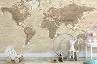 Detailed world map mural in earthy tones
