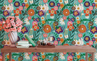 Cheerful blue wallpaper with vibrant florals
