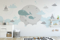 Flying whale wallpaper with castles
