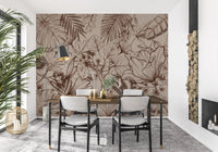 Papier peint panoramique mural botanique monochrome en dessin au trait