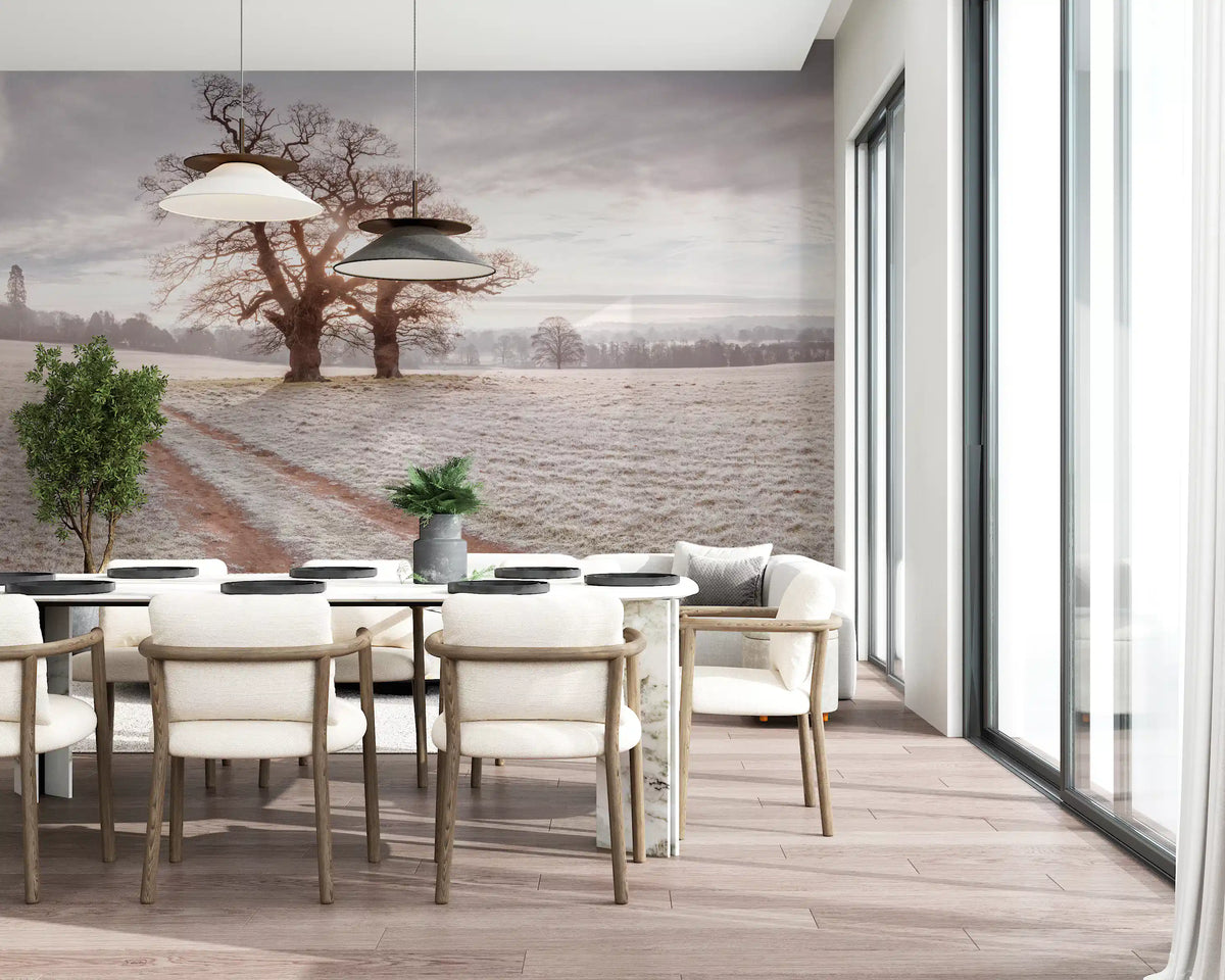 Wandbild „Nebeliger Morgen auf der Wiese“