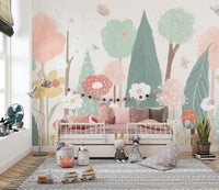 Artistic watercolor mural with beautiful floral tree designs.
