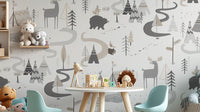 Playful woodland animal pattern wallpaper for children’s spaces.