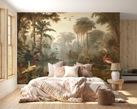 Watercolor forest mural with a peaceful riverside landscape