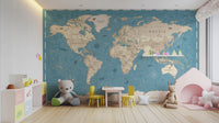 Classic vintage world map wallpaper mural with antique tones.