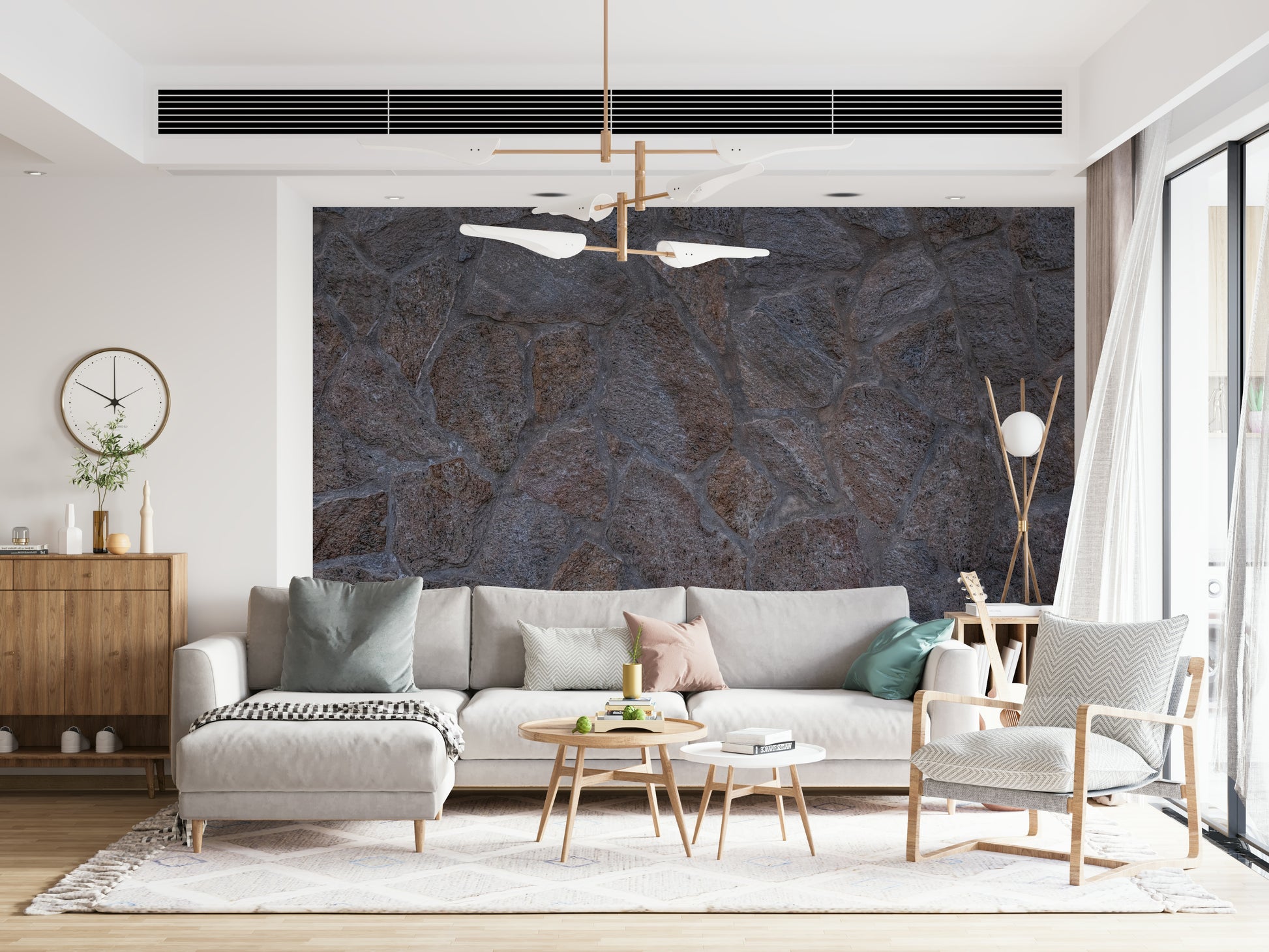 A graceful subtle rock wall mural in cool, natural tones.

