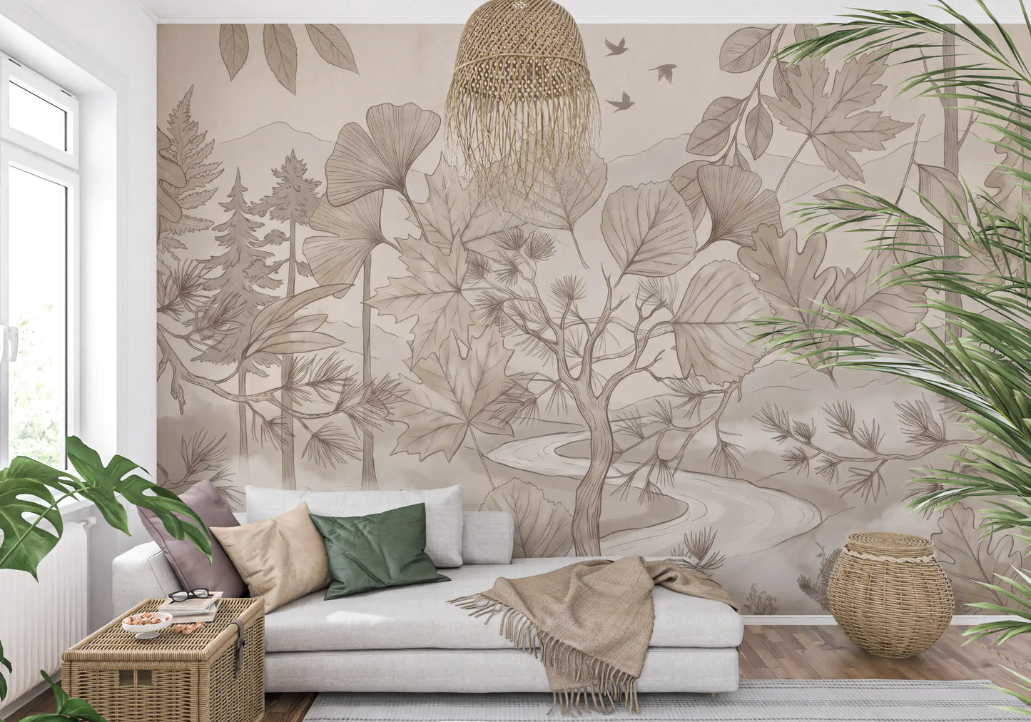 Fresque murale artistique représentant un sentier forestier sépia