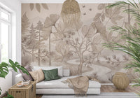 Fresque murale artistique représentant un sentier forestier sépia