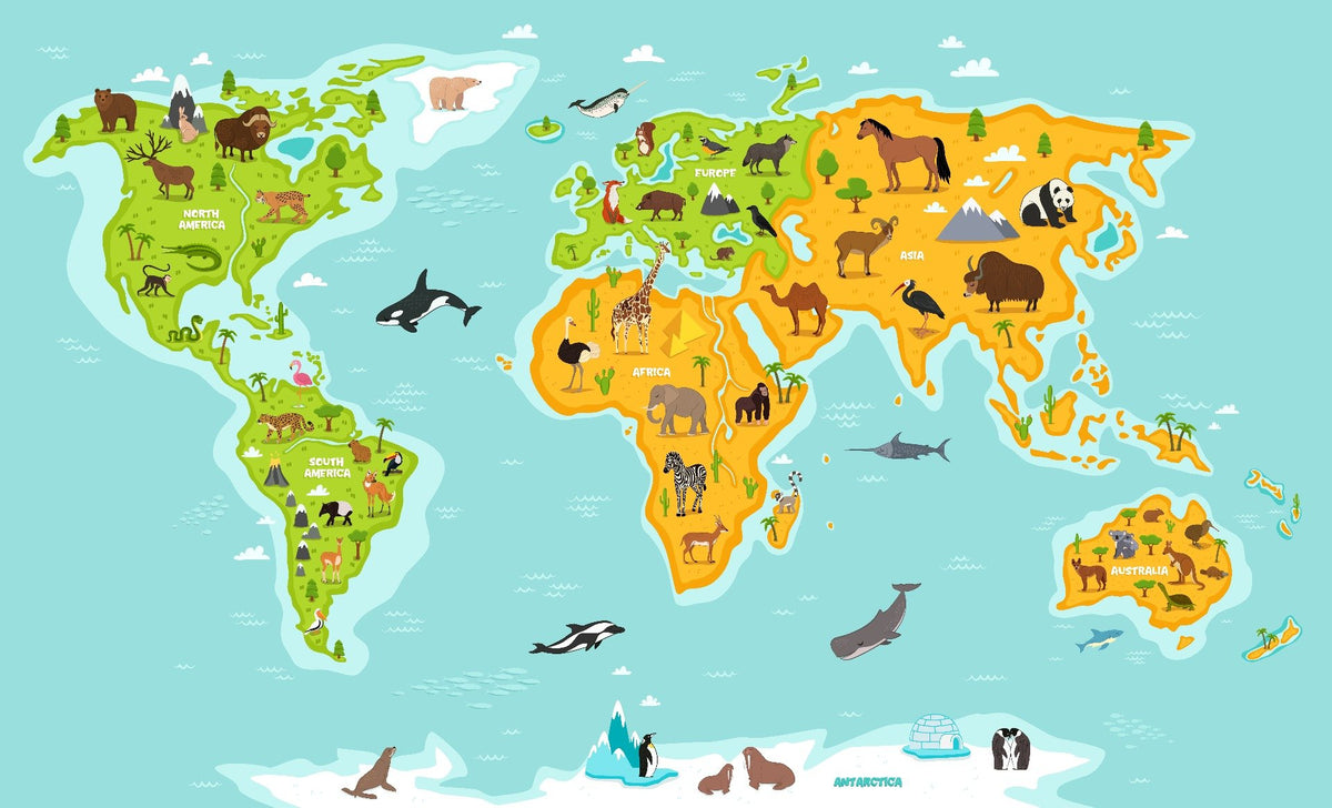 Wildlife Tiere Weltkarte Wallpaper in your room — zoomed