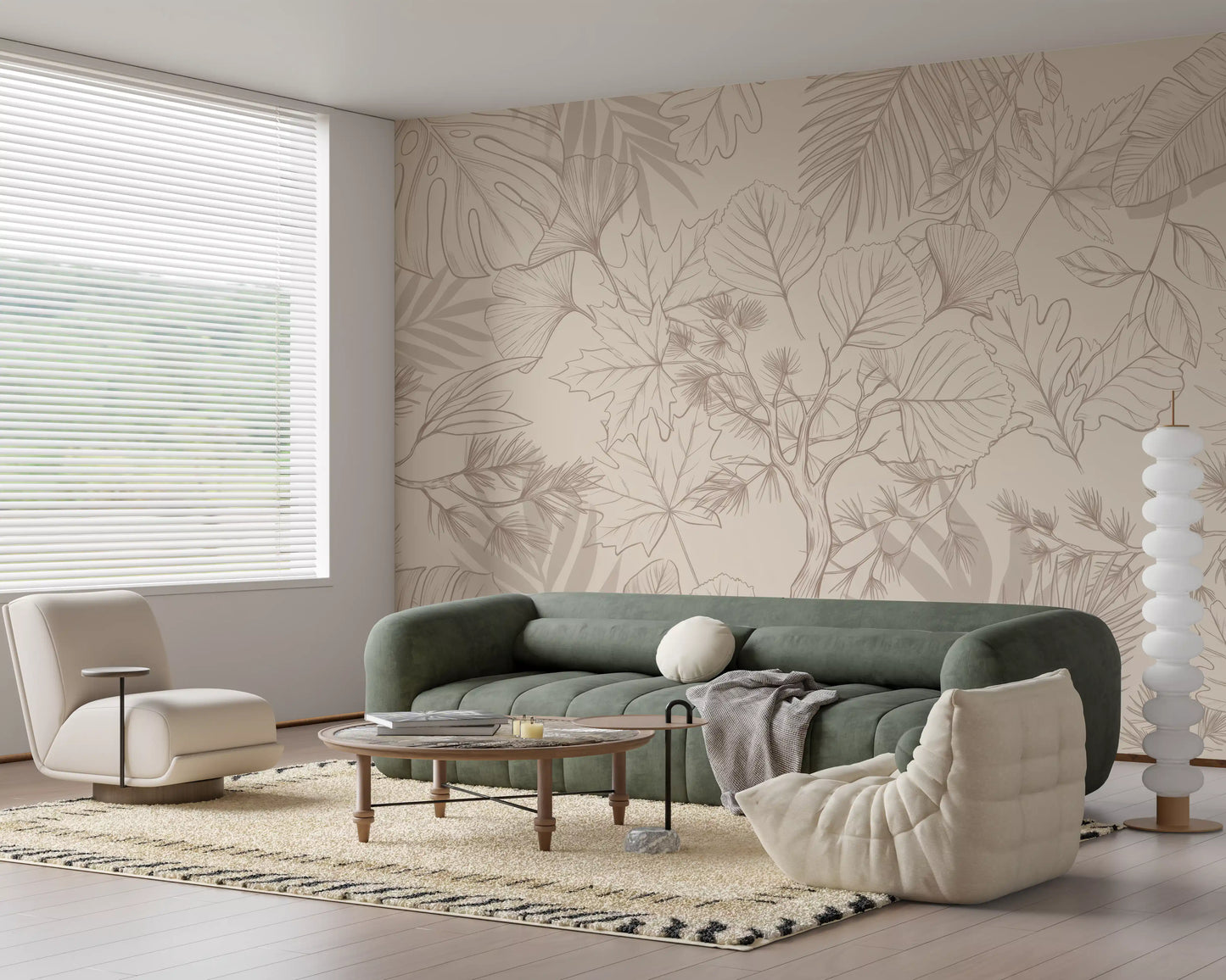 Papier peint panoramique crème avec croquis de feuilles botaniques