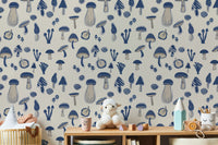 Navy Blue Watercolor Mushrooms Wallpaper for walls