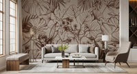 Papier peint panoramique mural botanique monochrome en dessin au trait