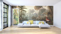 Forest wallpaper mural featuring a tranquil riverside in watercolor