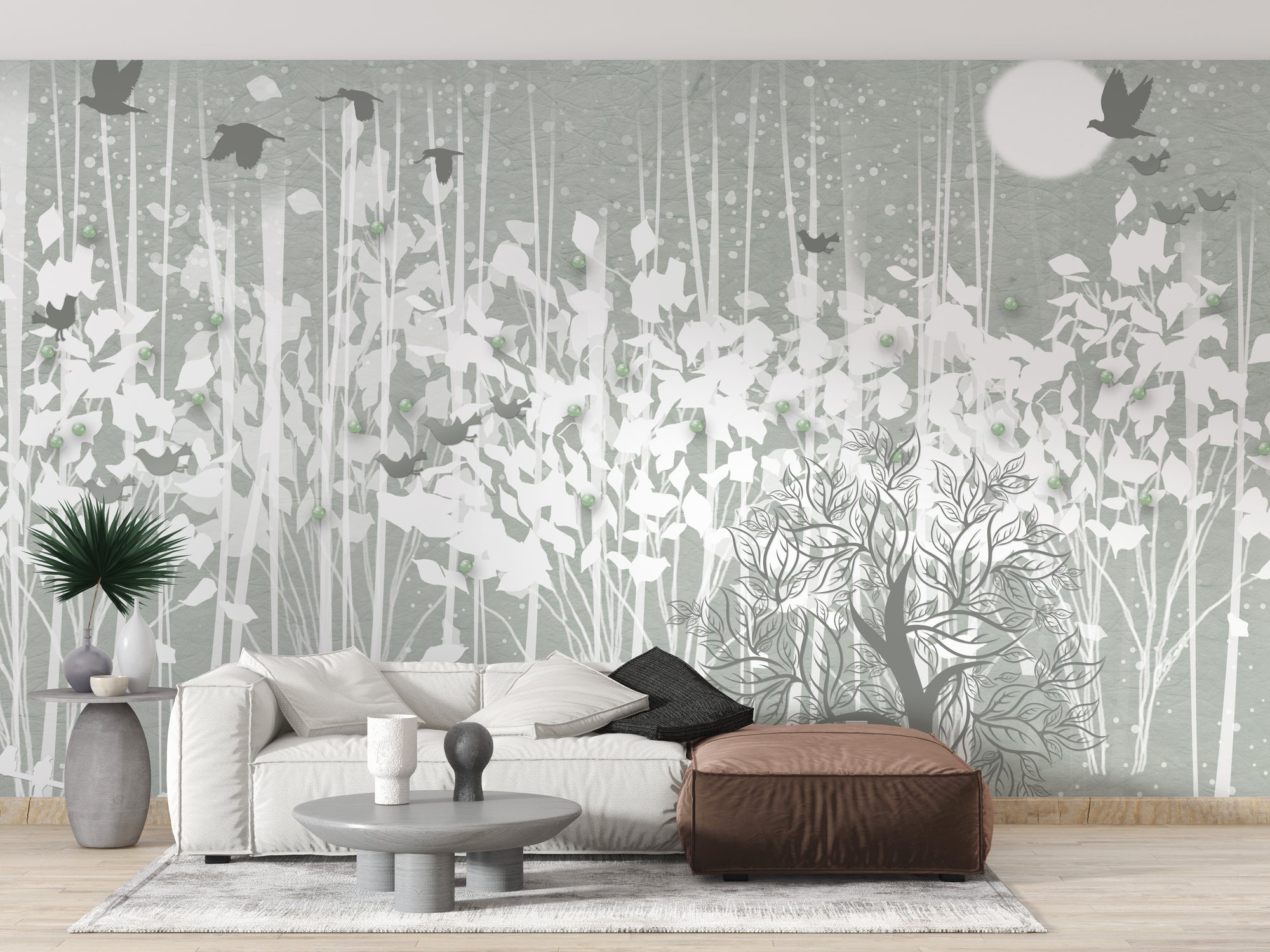 3d Winter Snow Forest wallpaper mural with white trees and birds behind a sofa and brown leather ottoman